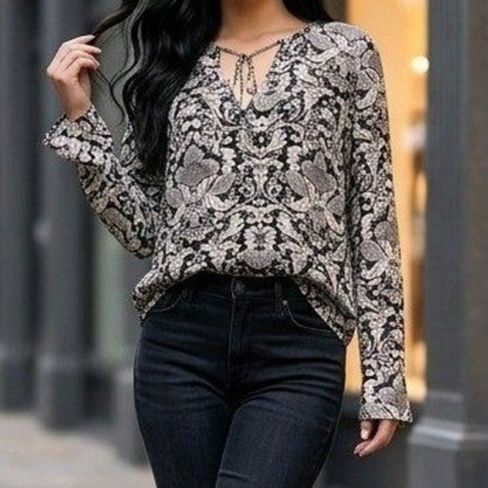 Mossimo Silk Blouse Womens Small Black Ivory Tie Neck Paisley Damask Victorian